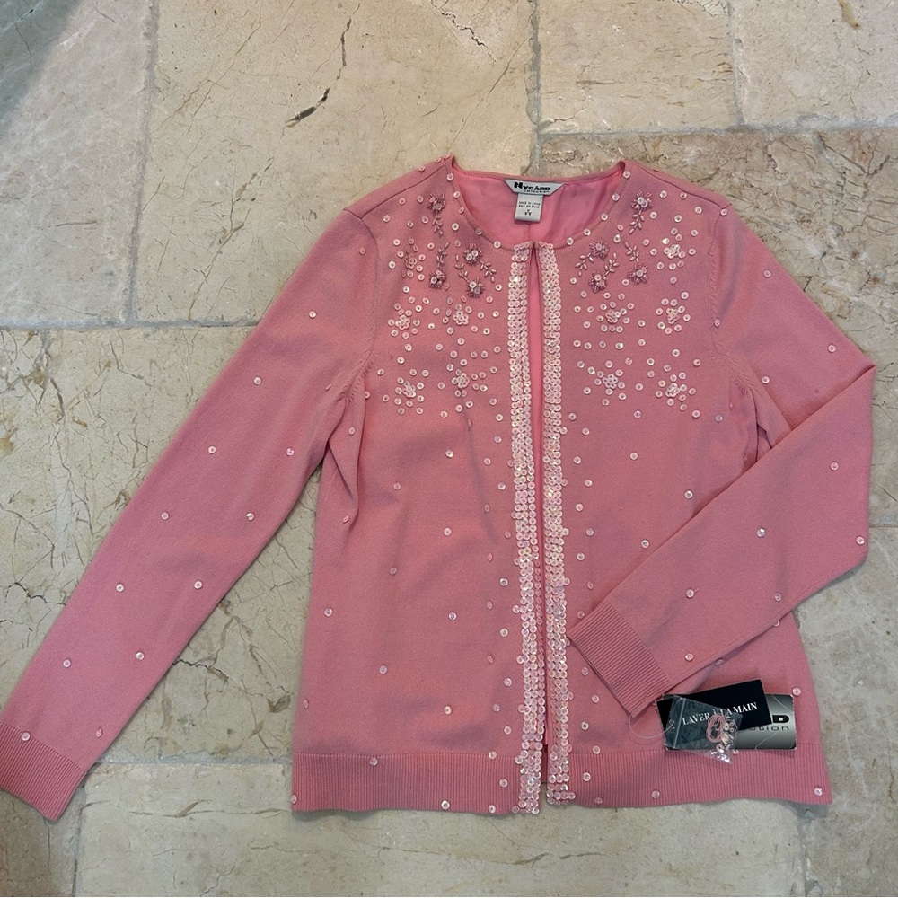 NYGARD COLLECTION NWT Lovely Pink Embellished Lined Cardigan, 60% Silk, Size S